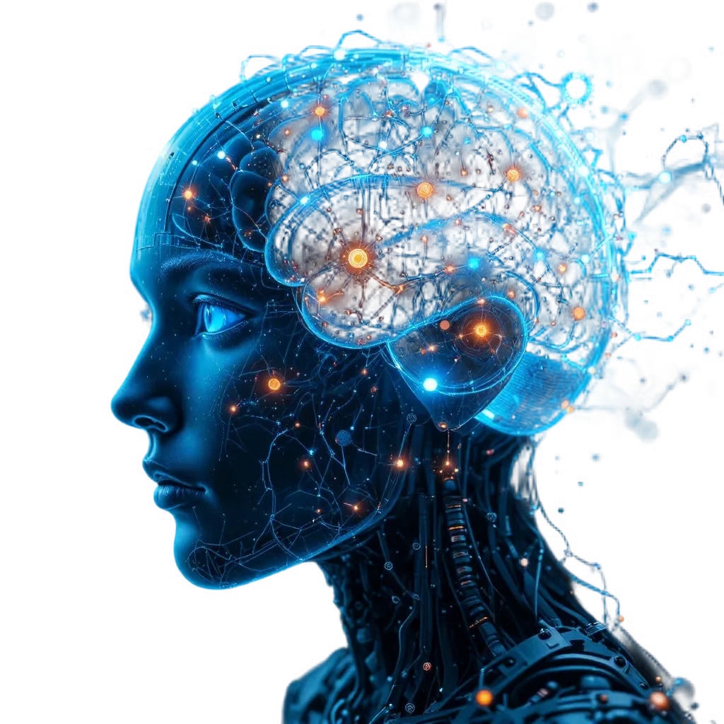 Illustration of an AI head with a glowing neural network